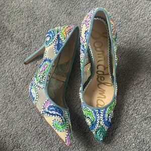 Sam Edelman Hazel Blue Embroidered Point Toe Pumps - size 7